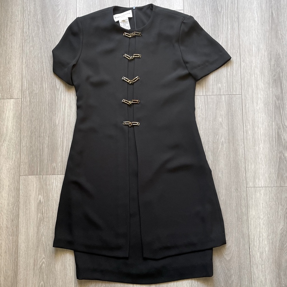 Vintage padded shoulder 80s mini dress size 4 black w chain detail Evan Picone